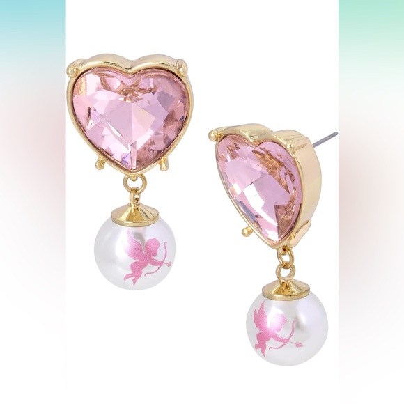 ⚜️Betsey Johnson Pink Heart Cupid Pearl Valentines Day Earrings! NWT! - Picture 1 of 5